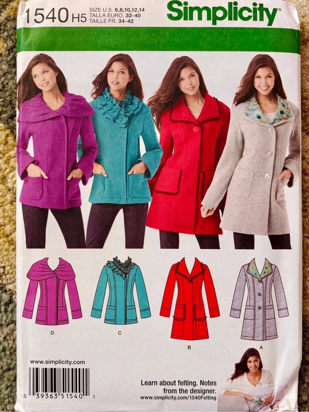 Simplicity 1540 BRAND NEW jackets sewing pattern